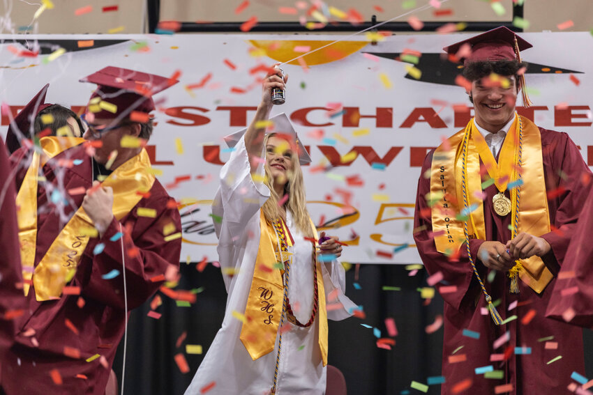 Graduates celebrate at the end of the Winlock High School class of 2025 commencement ceremony in Winlock on Friday, June 20.