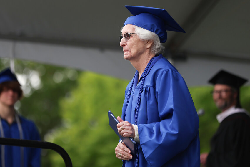 Barbara Bishop, 85, graduates with a high school diploma at 85-years-old during the Centralia College class of 2025 commencement ceremony on Wednesday, June 18.