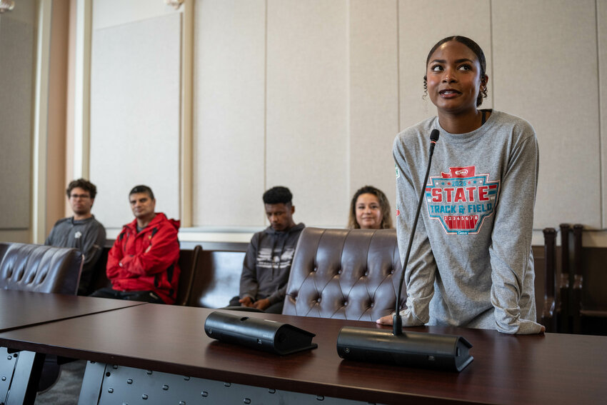 Victoria Sancho speaks while being honored for her 2B girls 200 meter dash State Championship during a Lewis County Commissioners meeting at the Lewis County Courthouse on Monday, June 23.