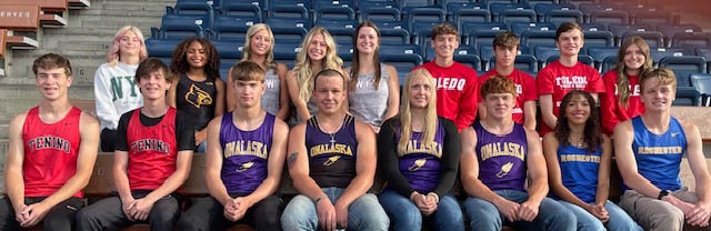 The Lewis County All-Area Track and Field Team poses for a photo. From left to right, starting in the back row is Adna's Carman Chapman, Winlock's Victoria Sancho, W.F. West's Lauren Kelley, Ashlen Gruginski, and Amanda Bennett, and Toledo's Trevin Gale, Adam Kruger, Treyton Marty, and Haylee Wolfe. In the front row is Tenino's Carson Schall and Ashton Moore, Onalaska's Luke Barrick, Justin Jacoby, Kiley Talley, and Ethan Thayer, and Rochester's Merecedies Dupont and Gunnar Morgan. Not pictured are Centralia's Jacoby Corwin, Adna's Karsyn Freeman, W.F. West's Emily Mallonee, and Adna's Sorena Neilson.