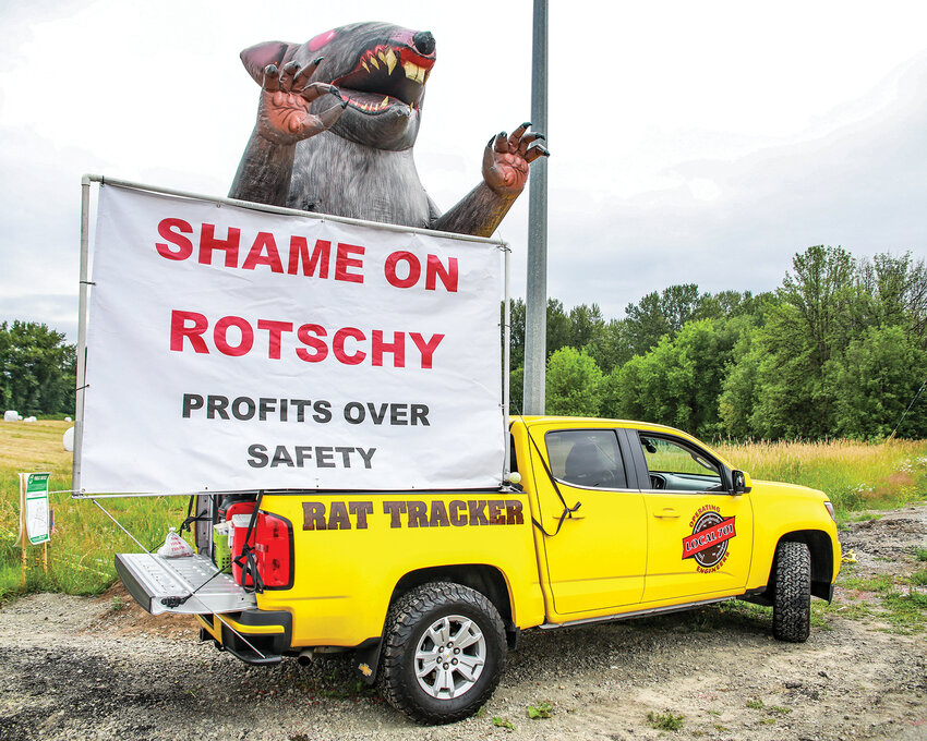 The Local 701 Operating Engineers Union parked a “Rat Tracker” truck with a large sign visible to drivers on state Route 502 near a Rotschy, Inc. construction site in Battle Ground in June.