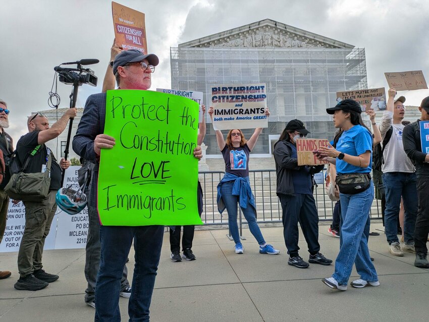 Rev. Patrick Mahoney, director of the Christian Defense Coalition, joined demonstrators outside the U.S. Supreme Court on Thursday, May 15, 2025, to protest the Trump administration&rsquo;s effort to strip birthright citizenship from the Constitution. (Photo by Ashley Murray/States Newsroom)
