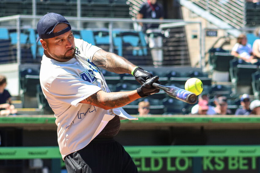 Dustin Klatush connects on a swing during the Seattle All-Star Classic Home Run Derby at Cheney Stadium on Saturday, July 12.