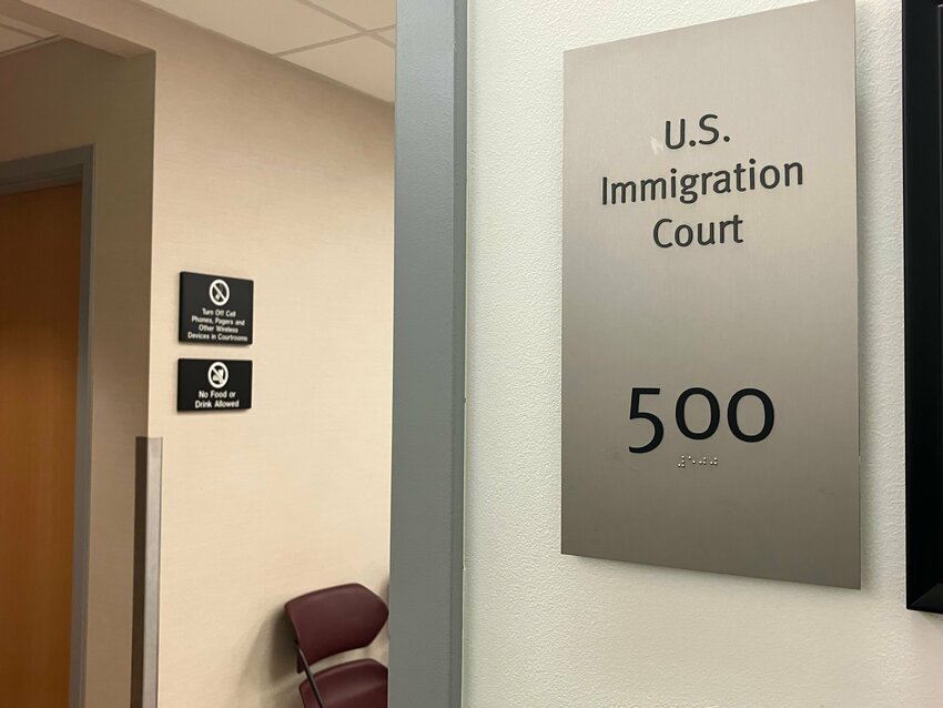 A sign right outside the Portland Immigration Court on Feb. 20, 2025.