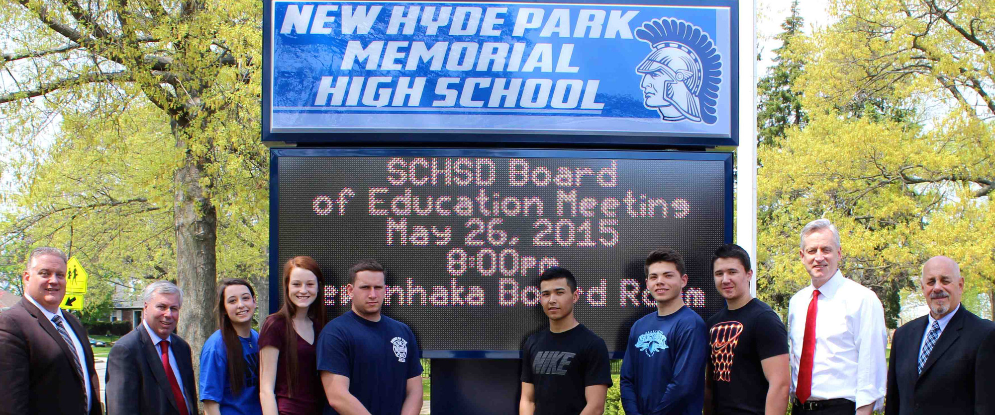 New Hyde Park students are pictured with Principal Dr. Richard Faccio, left, Sewanhaka Central High School District Board of Education President David Fowler, second left, Legislator Richard J. Nicolello and Sewanhaka Central High School Superintendent of Schools Dr. Ralph Ferrie.