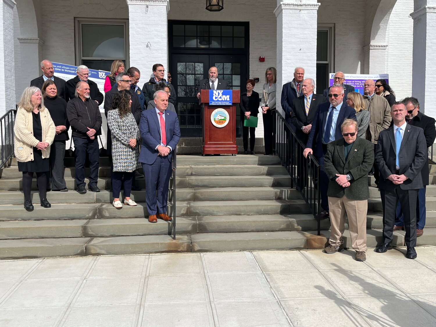 Elected leaders on Long Island rally for more state aid outside RVC Village Hall Herald