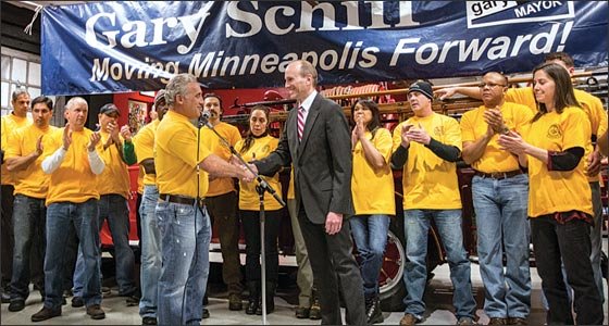 Gary Schiff, who has been a City Council member representing Ward 9 since 2001, has made his move to join the race to become mayor of Minneapolis. Above, Schiff is pictured with Minneapolis Firefighters from Local 82.