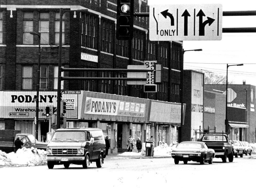February 3, 1983 The left turn signal at Lake St. will soon take cars, buses and pedestrians past a new Applebaums grocery store and retail development.  January 30, 1983  Steve Schluter, Minneapolis Star Tribune