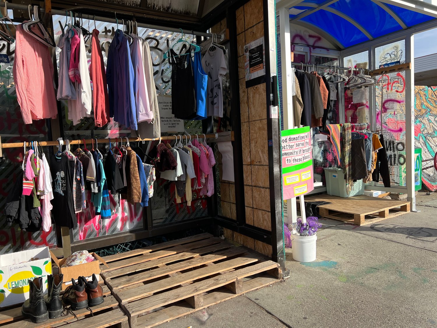 The People's Closet at George Floyd Square is always open. They are now accepting winter donations of coats, hats, scarves, gloves, wool socks and boots. Follow the_peoplescloset_ on Instagram. (Photo by Jill Boogren)
