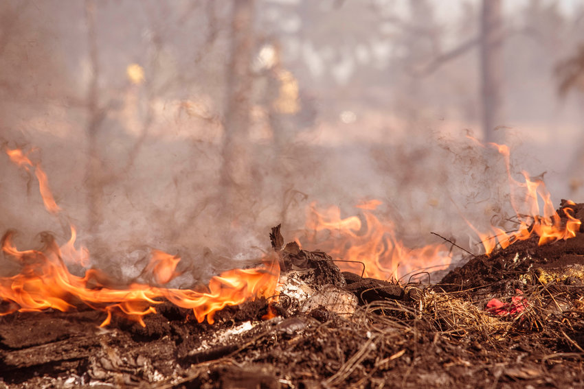 Smoke and flames rise from a pile of debris along Intertsate 5 as DNR firefighters work to put out hot spots along the northbound lane of Interstate 5 in Thurston County on Wednesday.