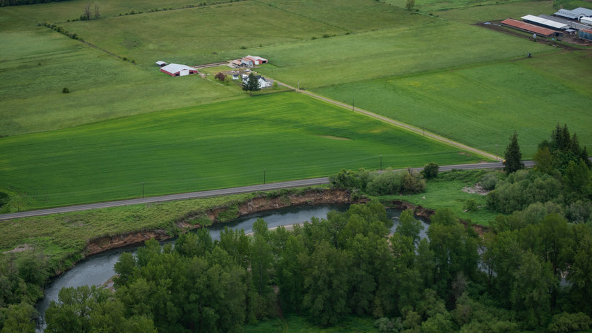 The Chehalis River runs through farmland near Doty and Dryad.