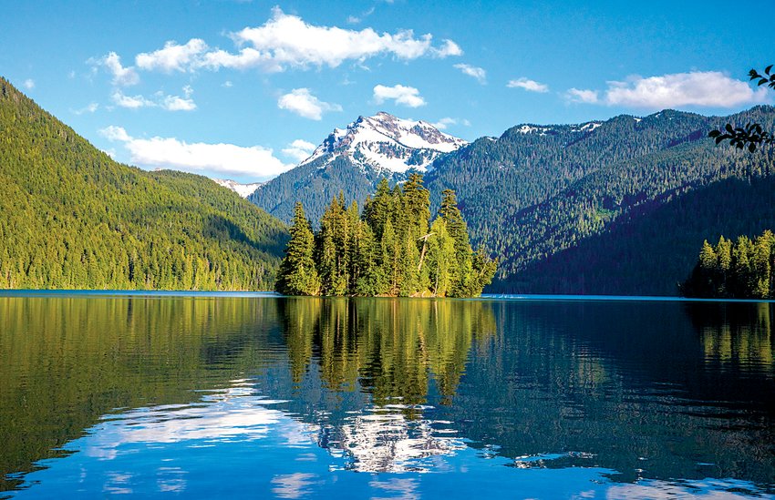 Johnson Peak is seen beyond Packwood Lake in the Gifford Pinchot National Forest in 2022..