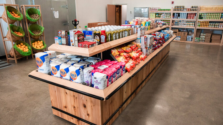 Grocery items sit on display inside The Salvation Army food bank in Centralia.