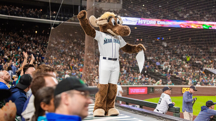 The Mariners Moose mascot cheers during a game in Seattle on Monday, Aug. 28, 2023.