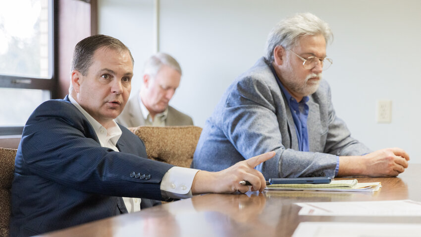 State Senate Republican Leader John Braun, R-Centralia, talks about the legislative session alongside State Rep. Ed Orcutt during a visit to The Chronicle in Centralia on Thursday, Dec 14, 2023.