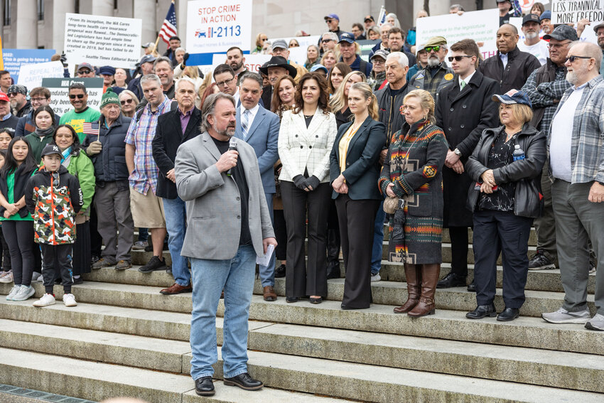 Rep. donor Brian Heywood speaks during the &ldquo;Let&rsquo;s Go Washington&rdquo; initiatives rally at the Capitol in Olympia on Friday, Feb. 23, 2024.