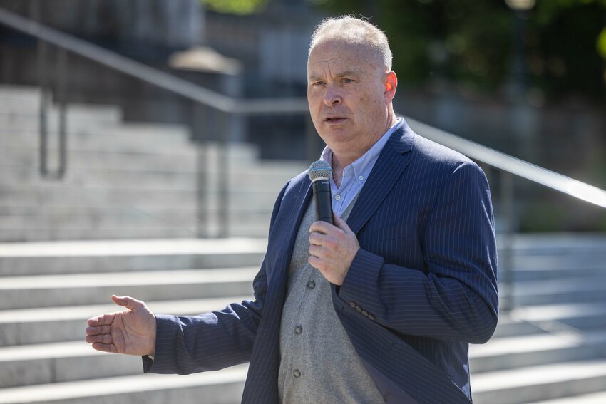 State Rep. Jim Walsh speaks during a &ldquo;Let&rsquo;s Go Washington&rdquo; rally at the Capitol in Olympia on Thursday, June 6, 2024.