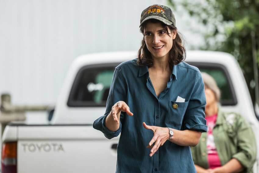 Congresswoman Marie Gluesenkamp Perez asks a question at PanAmerican Berry Growers farm in Mossyrock on a Lewis County Farm Bureau Tour on Wednesday, Aug. 14, 2024.