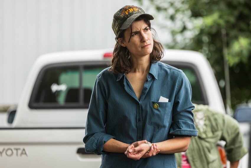Congresswoman Marie Gluesenkamp Perez listens to a PanAmerican Berry Grower explain the operations in Mossyrock on a Lewis County Farm Bureau Tour on Wednesday, Aug. 14, 2024.
