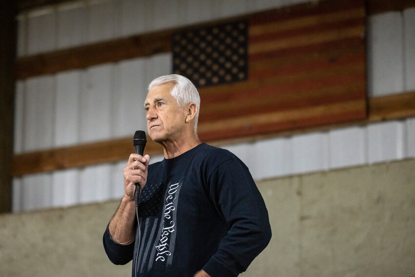 Republican gubernatorial candidate Dave Reichert looks on at the crowd during a rally at Merten Ranch in Toledo on Saturday, Aug. 24, 2024.