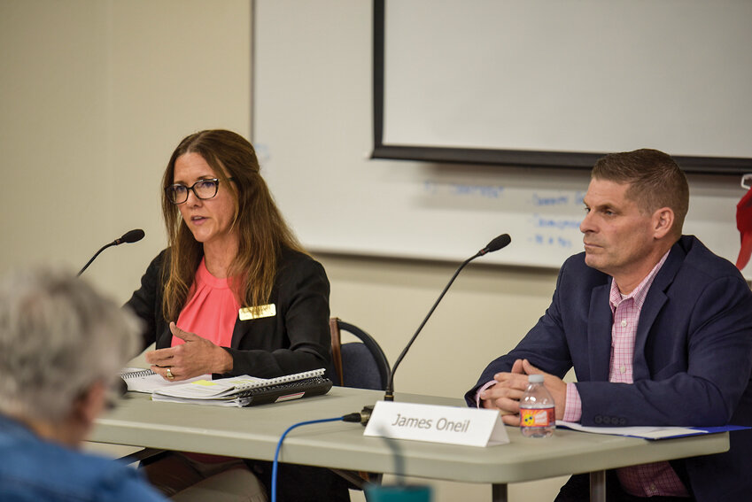 Clark Public Utilities Commissioner Position 1 candidates Sherry Erikson (left) and James Oneil discussed rate hikes and nuclear energy during the Oct. 1 forum hosted by the League of Women Voters at Clark-Cowlitz Fire Rescue Station 26.