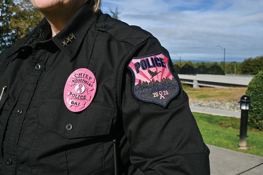 Ridgefield Police Chief Cathy Doriot wears the 2024 pink patch for breast cancer awareness. Residents can purchase the patches for $10 at participating businesses. Proceeds are sent to the Pink Lemonade Project, a local nonprofit supporting those with breast cancer.