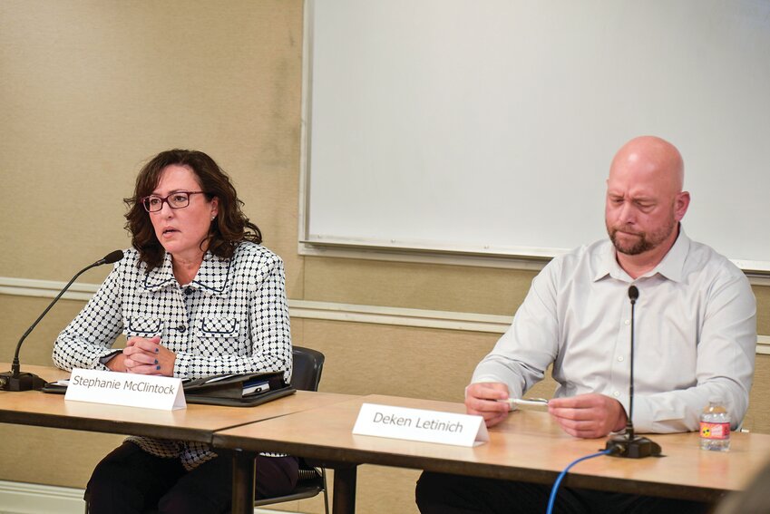 District 18 state Rep. Position 1 candidates discuss local issues at a forum hosted by the League of Women Voters of Clark County on Oct. 5 at the Camas Public Library. Republican incumbent Stephanie McClintock and Democratic challenger Deken Litinich agreed that public schools should receive more funding from the state.
