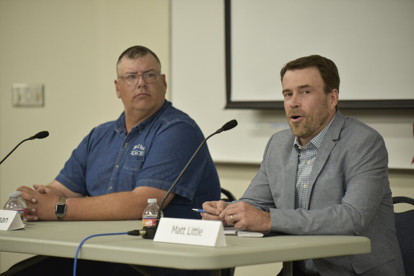 Clark County Council District 4 candidates Joe Zimmerman (left) and Matt Little discussed the County&rsquo;s growth plan and its railroad during the Oct. 1 forum hosted by the League of Women Voters at Clark-Cowlitz Fire Rescue Station 26.