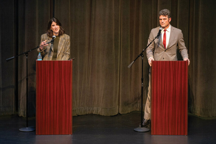 Congresswoman Marie Gluesenkamp Perez, left, speaks during a Washington 3rd District Congressional debate at Lower Columbia College in Longview on Wednesday, Oct. 2. The two met for a second debate last week.