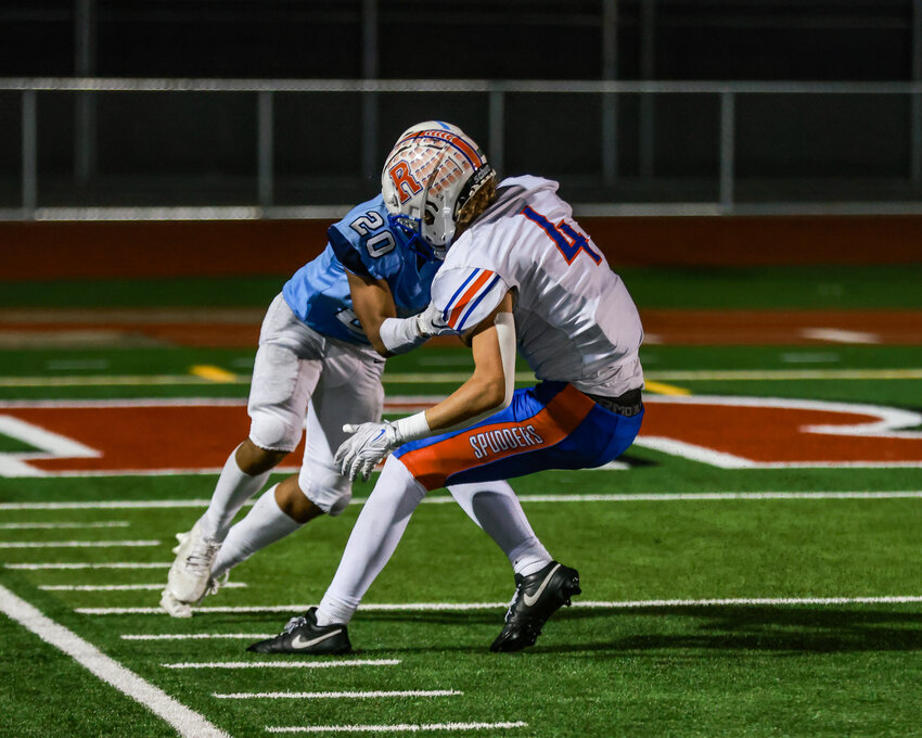 Ridgefield&rsquo;s Talon Sosky breaks out of a tackle for his second receiving touchdown of the night en route to a Spudders&rsquo; 31-12 win over the Mark Morris Monarchs on Friday, Oct. 11.