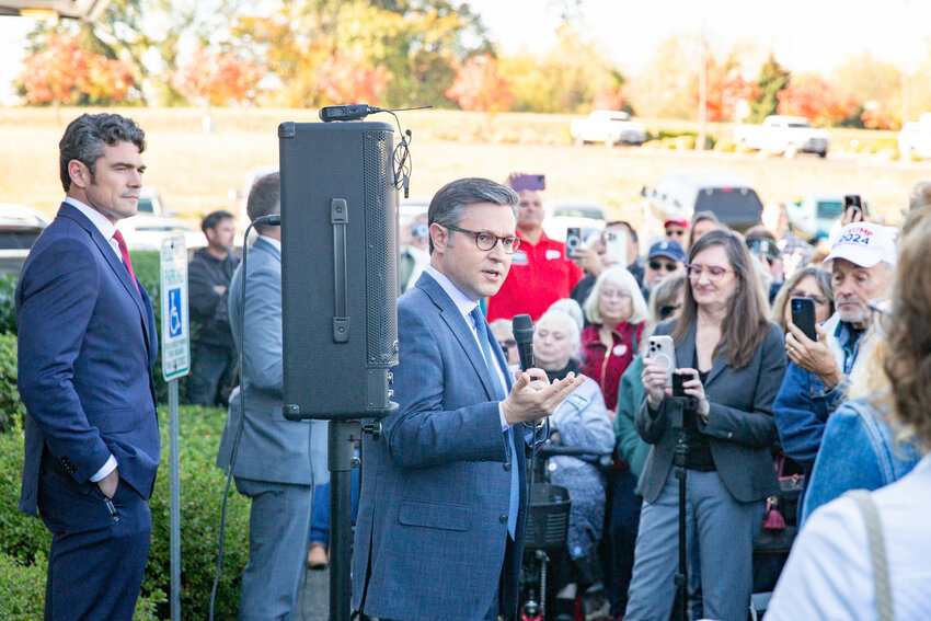 United States Speaker of the House Mike Johnson, R-LA, speaks while standing beside Washington congressional candidate Joe Kent at a &ldquo;get out the vote&rdquo; event in Ridgefield on Thursday, Oct. 24.