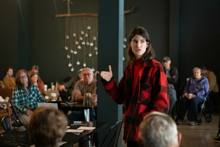 Washington Third District Congresswoman Marie Gluesenkamp Perez fields questions from audience members at her &ldquo;Mocha with Marie&rdquo; event, held at the Lewis County Coffee Co. Station in Centralia on Friday, Oct. 25.