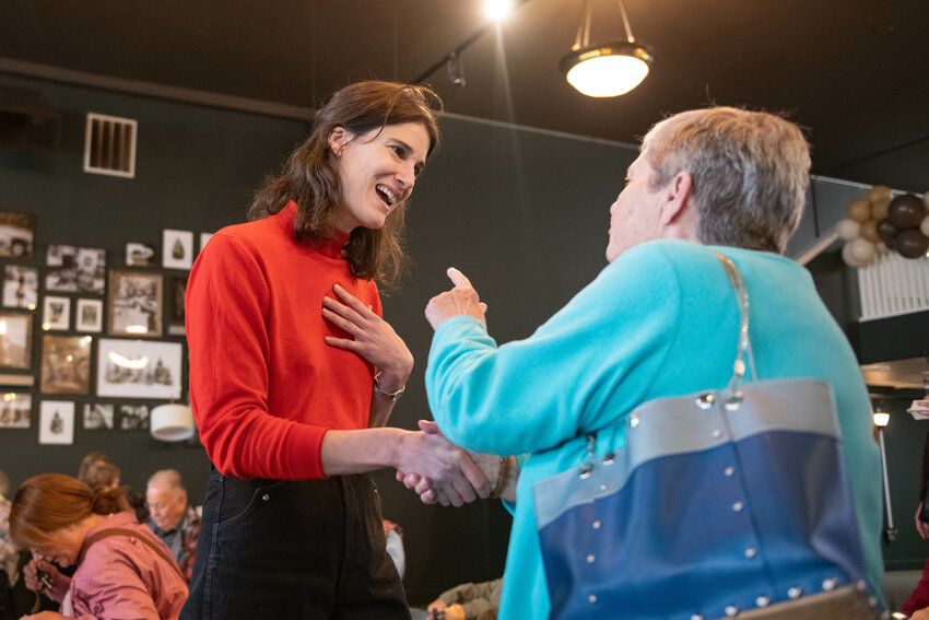 Congresswoman Marie Gluesenkamp Perez greets supporters after her &ldquo;Mocha with Marie&rdquo; event held at The Station Powered byLewis County Coffee Co. in Centralia on Friday, Oct. 25.
