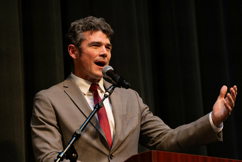 Challenger Joe Kent gives his final remarks during a Washington Third Congressional District debate at Lower Columbia College in Longview on Wednesday, Oct. 2.