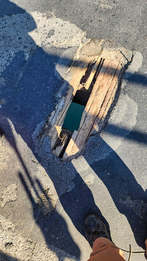 A before-and-after look at a hole that Washington state Department of Transportation crews patched with a steel plate on the deck of the Yale Bridge, connecting Clark and Cowlitz counties on state Route 503. The patch-job was completed on Oct. 22.