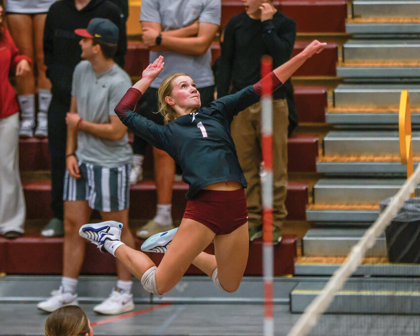Prairie&rsquo;s Alivia Snyder leaps for a kill attempt in the Falcons&rsquo; 3-1 loss to the Camas Papermakers on Tuesday, Oct. 29.