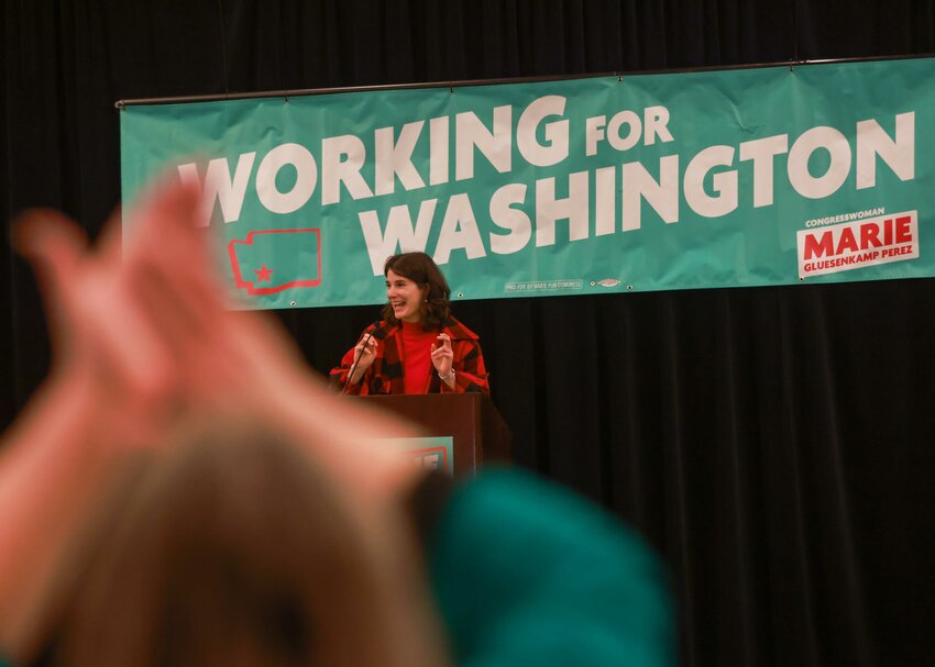 U.S. Rep. Marie Gluesenkamp Perez takes to the stage with cheers from the crowd attending the Democratic Election Watch Party in Vancouver on Tuesday, Nov. 5.