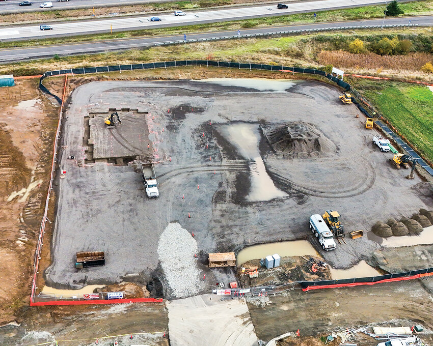 The outline of the foundation for Ridgefield&rsquo;s upcoming In-N-Out Burger gets underway at the Union Station Town Center development on Oct. 29.