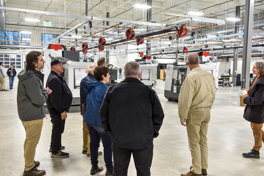 Ridgefield City Council members and city planners tour the newly completed Advanced Manufacturing Center at Clark College&rsquo;s Ridgefield campus. The tour highlighted the facility&rsquo;s educational spaces, manufacturing floor and its potential impact on local workforce development.