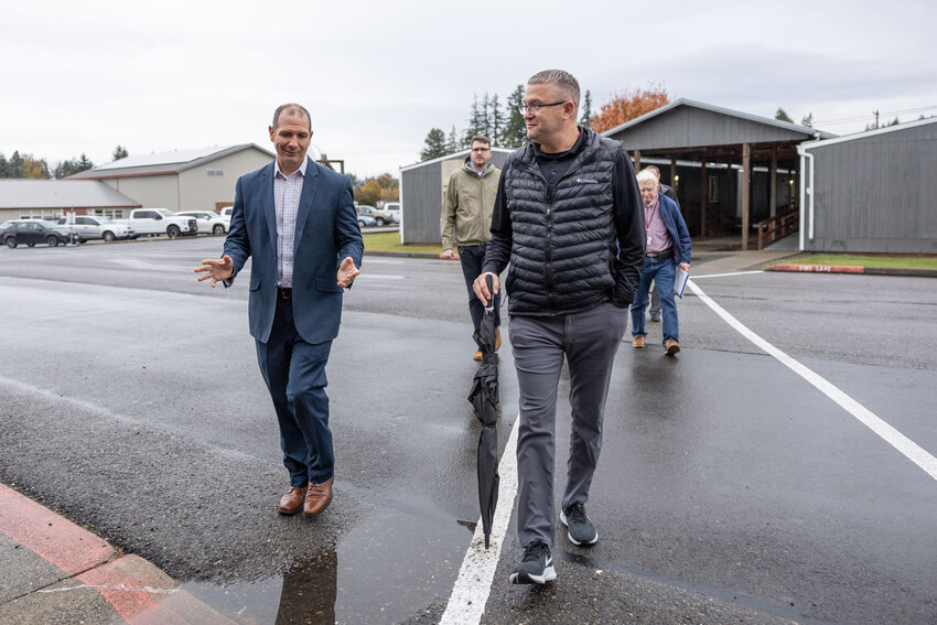 State Rep. Peter Abbarno and Superintendent Shane Schutz discuss improvement to the schools during a legislative tour of the Napavine School District on Wednesday, Oct. 30.