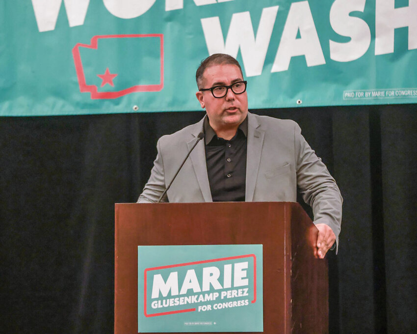 Democrat Adrian Cortes speaks to a crowd of supporters on election night in November. Last week, a recount confirmed Cortes defeated Republican Brad Benton to claim the 18th Legislative District state Senate seat.