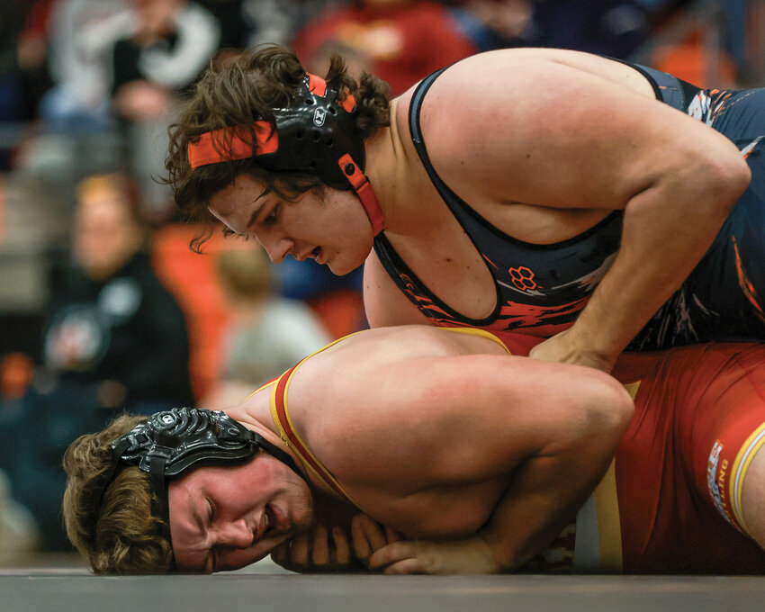 Battle Ground&rsquo;s 285-pound wrestler Matthew Witthauer, top, secured a 19-4 tech-fall win over Prairie&rsquo;s Nicholas Merritt for the Tigers&rsquo; team win in the dual meet on Wednesday, Dec. 11.