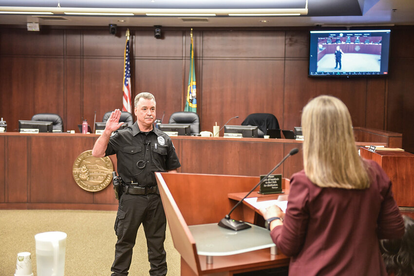Dennis Flynn took the oath of office as Battle Ground&rsquo;s new chief of police on March 18, 2024.
