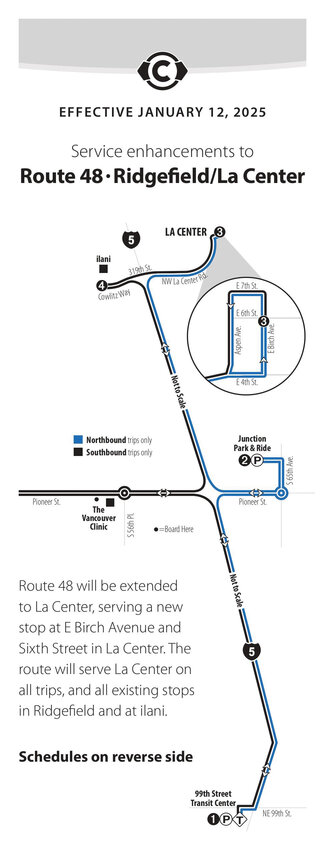 La Center's new park-and-ride bus stop, opening on Jan. 12 at East Birch Avenue and East Sixth Street, aims to enhance public transportation access for residents traveling to nearby cities or commuting to work. The stop will feature 25 parking spaces, including two ADA-accessible spots, and is located two blocks north of La Center's downtown, offering access to local parks and trails.