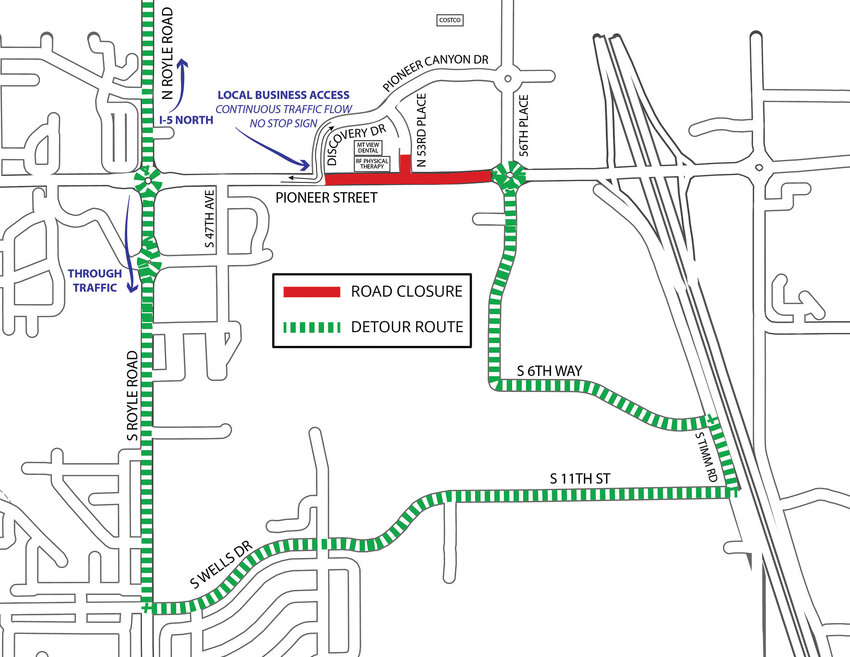 Pioneer Street will close between Discovery Drive and 56th Place from Monday, Jan. 13, to Tuesday, April 22, as the City of Ridgefield aims to expedite road construction while protecting workers and reducing project costs.