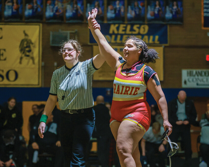 Prairie&rsquo;s Faith Tarrant earned the victory with a third-round pin over Kennedy Catholic&rsquo;s Kanora Diederichs in the 235-pounds final at the Braided 64 girls wrestling tournament at Kelso High School on Saturday, Jan. 11.