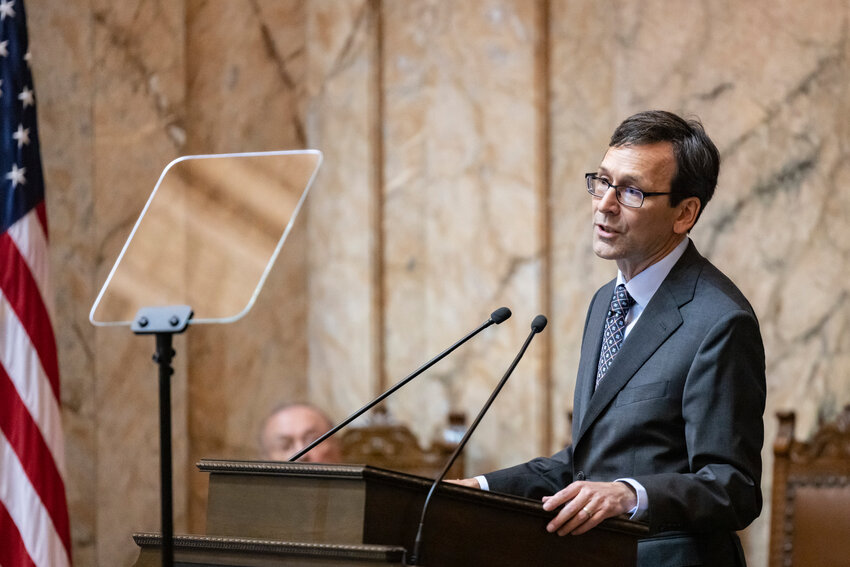 Gov. Bob Ferguson delivers his inaugural address in the House chambers at the Washington State Capitol in Olympia on Wednesday, Jan. 15.
