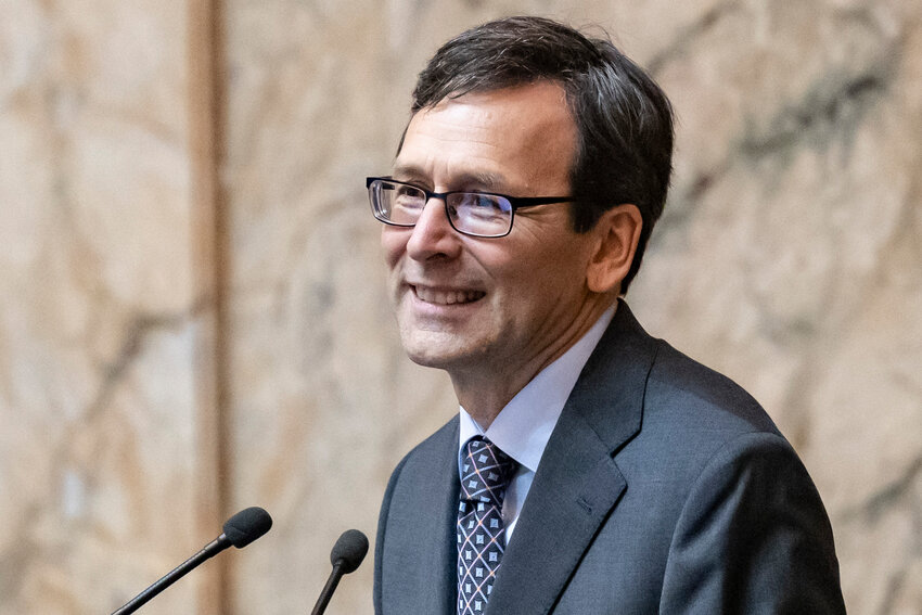 Gov. Bob Ferguson delivers his inaugural address in the House chambers at the Washington State Capitol in Olympia on Wednesday, Jan. 15.