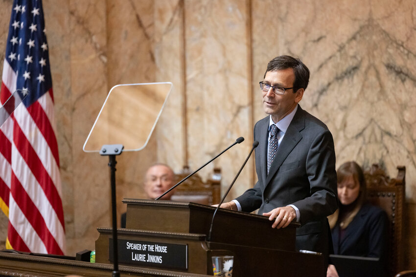 Gov. Bob Ferguson delivers his inaugural address in the House chambers at the Washington State Capitol in Olympia on Wednesday, Jan. 15.