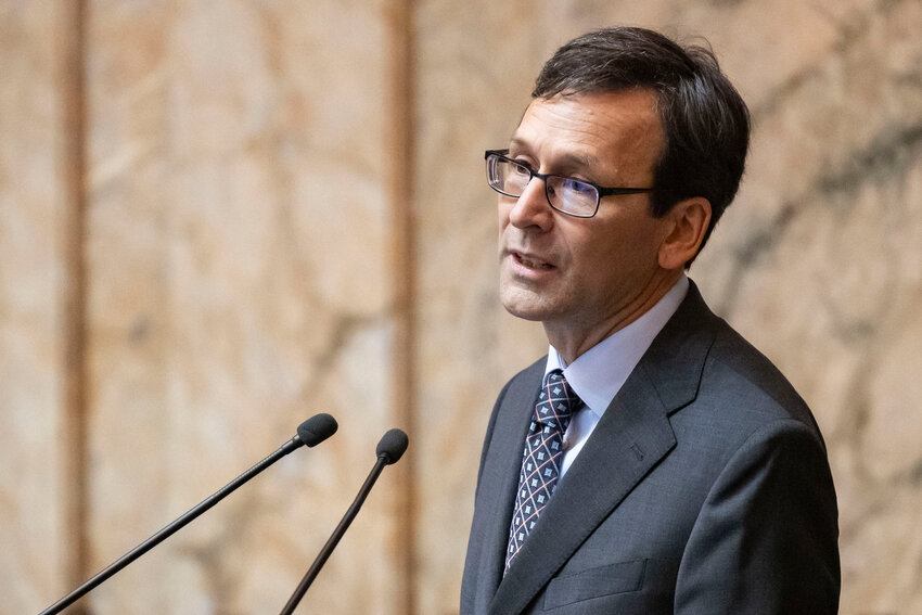 Gov. Bob Ferguson delivers his inaugural address in the House chambers at the Washington State Capitol in Olympia on Wednesday, Jan. 15.